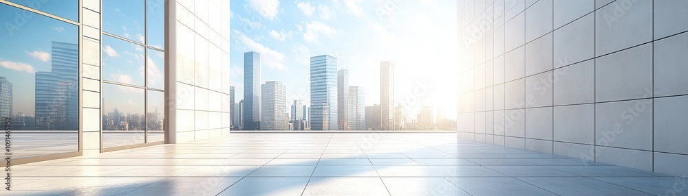 Fototapeta premium A modern office space with large windows overlooking a city skyline under clear skies, perfect for showcasing urban architecture.