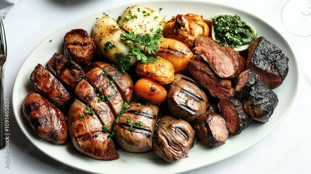 Obraz premium Platter of assorted grilled meats and vegetables garnished with herbs on a white plate