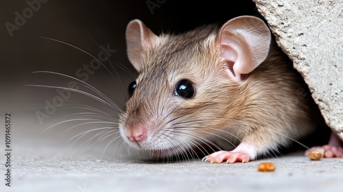 Urban rat cautiously peeking from shelter near cinder block wall in a bustling city environment photo