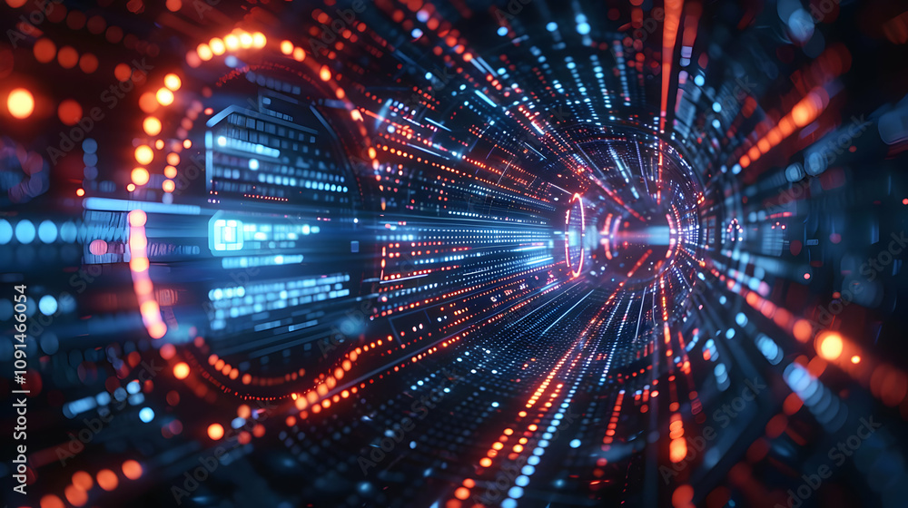 Obraz premium Abstract 3D Digital Tunnel Background with Glowing Red and Blue Data Streams, Futuristic Technology Concept Illustration