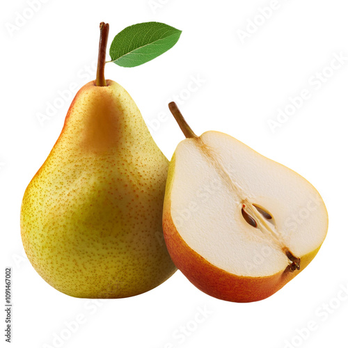 Pear and pear halves, fresh fruit, front view, transparent background image