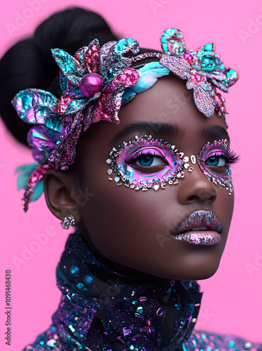 Glamorous Portrait of a Woman with Sparkling Floral Headpiece and Jewel Face Art