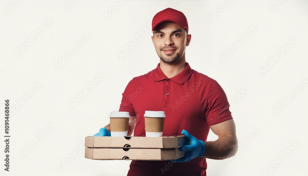 Delivery Driver with Pizza and Coffee: A friendly and professional delivery driver in a red uniform holds a pizza box and two coffee cups, ready to deliver a delicious meal. Delivery Driver with Pizza and Coffee: A friendly and professional delivery driver in a red uniform holds a pizza box and two coffee cups, ready to deliver a delicious meal.