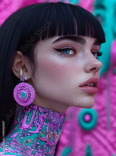 Vibrant Side Portrait of a Woman with Bold Earrings and Artistic Makeup