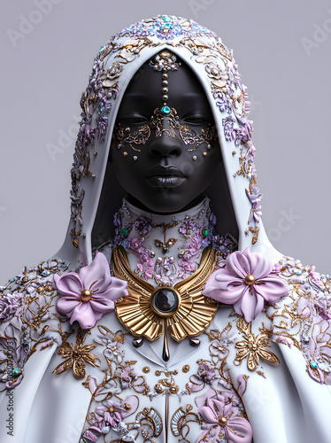 Regal Portrait of a Woman in Ornate Floral and Gold-Accented Cloak