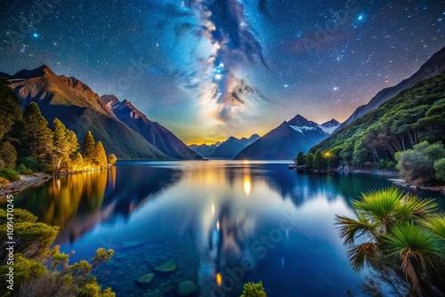 Captivating Night Photography of Fiords in New Zealand with Starry Skies, Glowing Waters, and Majestic Mountain Reflections in a Tranquil Setting photo