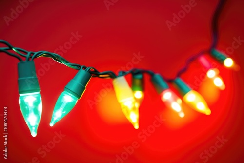 Decorative string of Christmas lights against a bright red backdrop photo