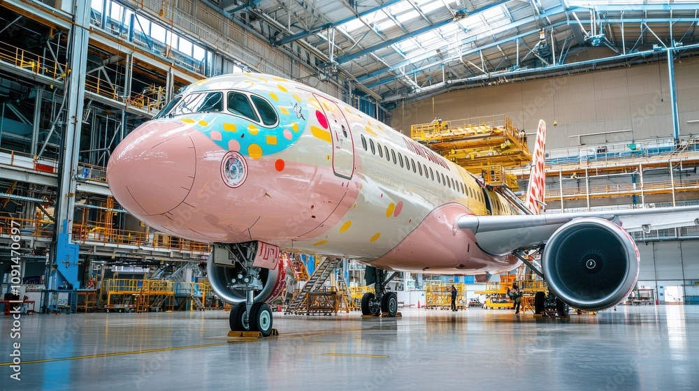 Airplane in Large Hangar with Scaffolding Surrounding It Airplane in Large Hangar with Scaffolding Surrounding It