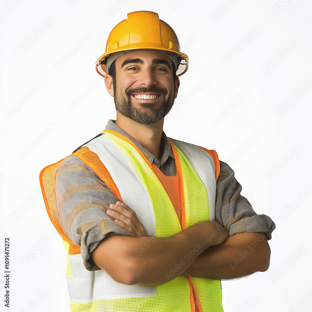 Portrait of a Happy Construction Worker in High-Visibility Vest and Hard Hat, Studio Shot on White Background Portrait of a Happy Construction Worker in High-Visibility Vest and Hard Hat, Studio Shot on White Background