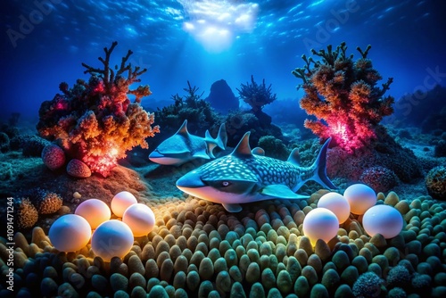 Captivating Night Photography of Horned Shark Egg Casings Underwater with Ethereal Lighting and Mysterious Ocean Surroundings photo