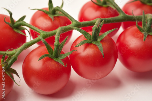 Close up photograph of red cherry tomatoes on the vine with selective focus. 