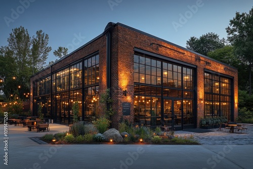 Modern Brick Building With Extensive Windows At Dusk