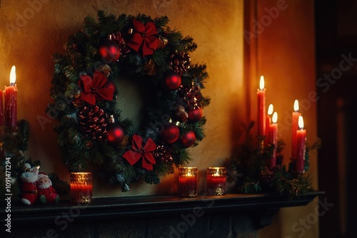 A decorative mantle with a wreath and candles, perfect for festive occasions photo