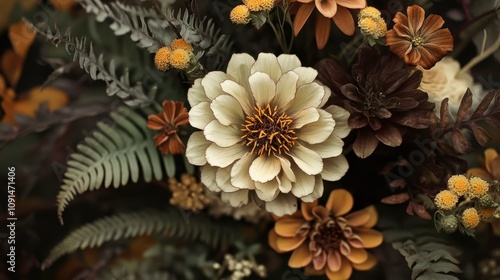 A close-up of a bouquet featuring various flowers and foliage in warm tones.