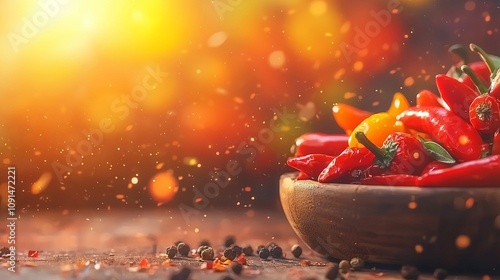 A wooden bowl filled with vibrant chili peppers against a warm, glowing backdrop.