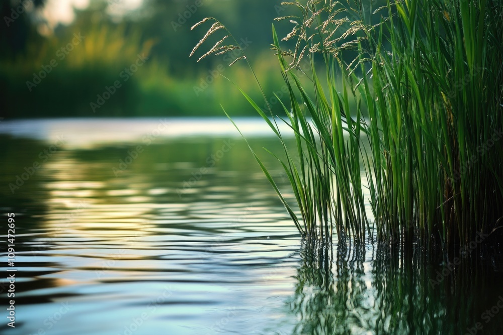Obraz premium Lake surrounded by tall grasses