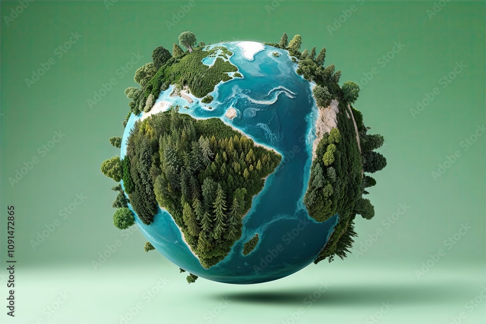 Fototapeta premium Vibrant 3D Planet Map Showcasing Diverse Forest Design on Clean Background for Earth Day and Sustainable Living Themes