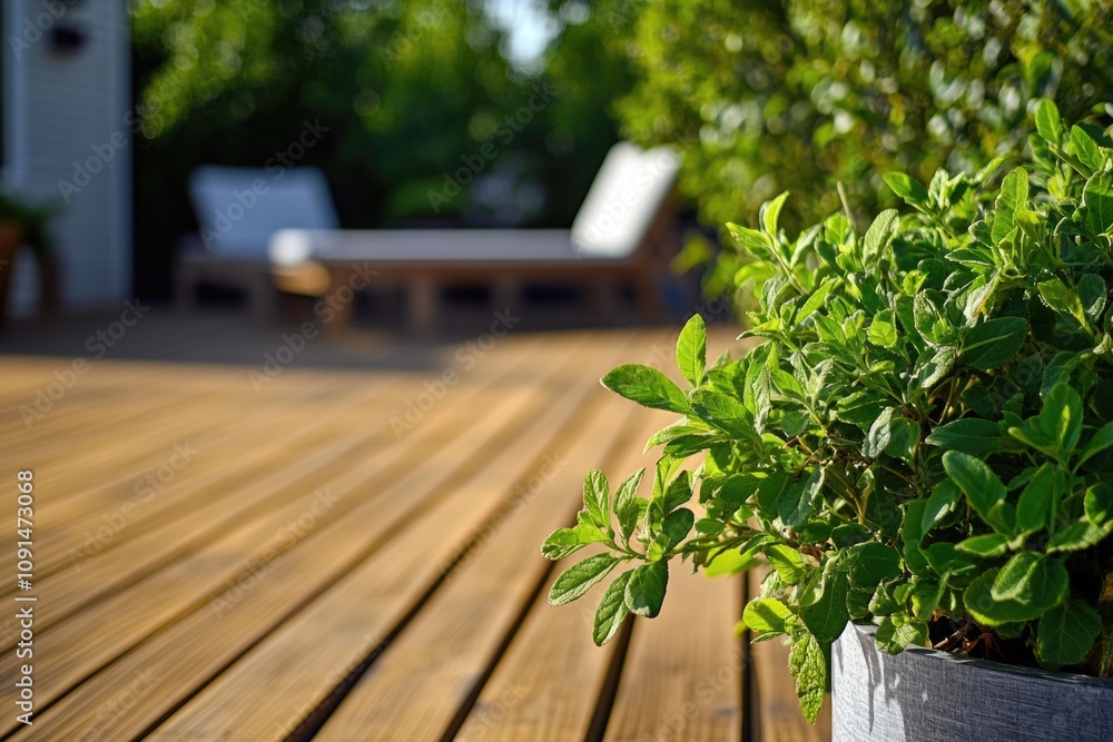 A potted plant sits atop a wooden deck, surrounded by natural beauty A potted plant sits atop a wooden deck, surrounded by natural beauty