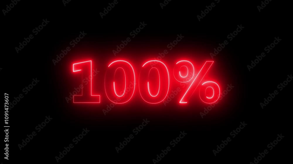 100 percent neon glowing sign on black background loop animation. 100 percent neon glowing sign on black background loop animation.