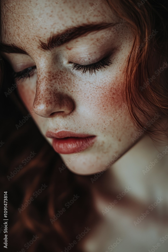 Fototapeta premium Close-up photo of a woman's face featuring distinctive freckles