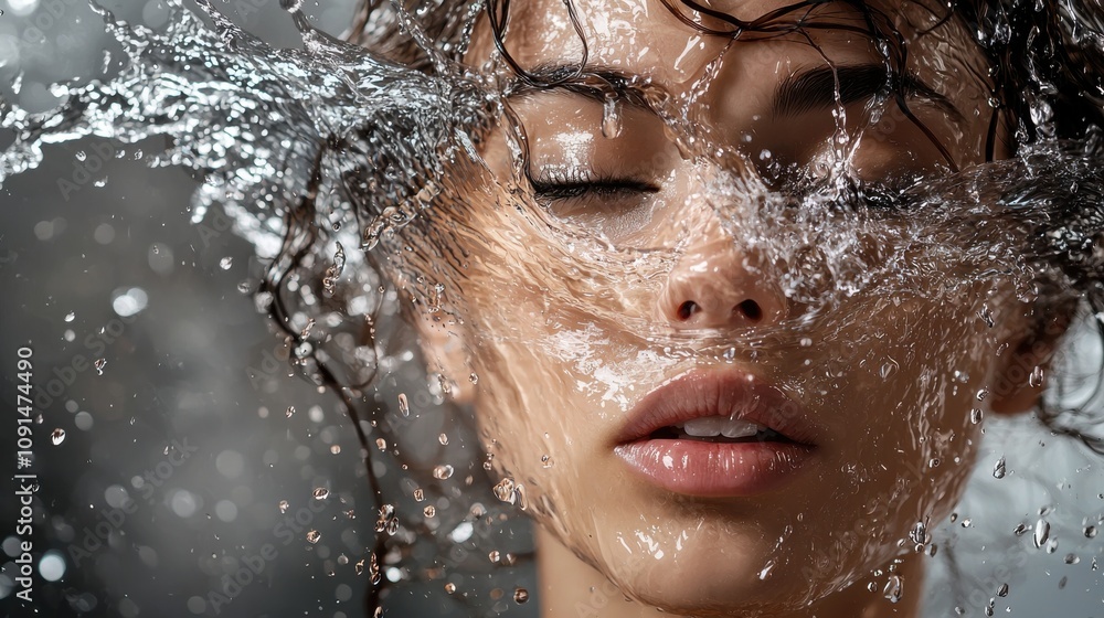 Serene Woman Embraced by Water Cascade Serene Woman Embraced by Water Cascade