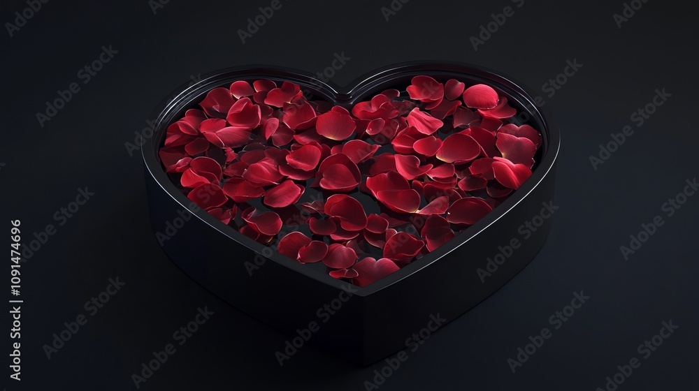 Fototapeta premium Romantic gift box featuring a heart shape and floating rose petals, perfect for Valentine's Day as a premium present.