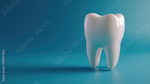 Glossy white tooth model on a vibrant blue background symbolizing dental health and hygiene, emphasizing its importance in oral care. photo