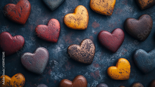 Wallpaper Mural Colorful heart-shaped stones arranged on a textured surface for decoration Torontodigital.ca