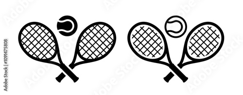 Crossed Tennis Racket and Ball Icons In Glyph Style, Two Variants