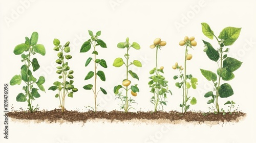 Stages of soybean growth showcasing gradual development from seedling to mature plant, highlighting the agricultural cycle of leguminous crops.