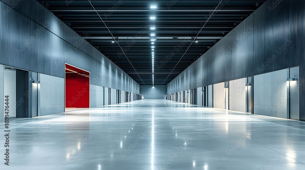 Fototapeta premium A Long Empty Hallway with Bright Lights and a Red Door at the End, Illuminating the Smooth Concrete