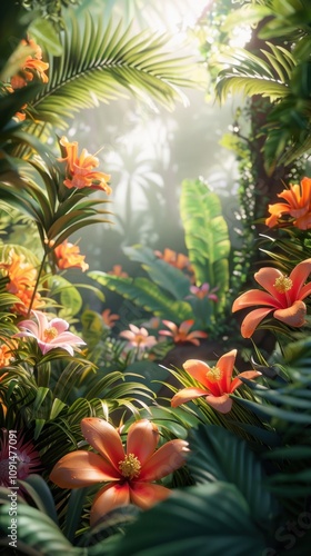 Lush tropical rainforest with vibrant flowers and sunlight.