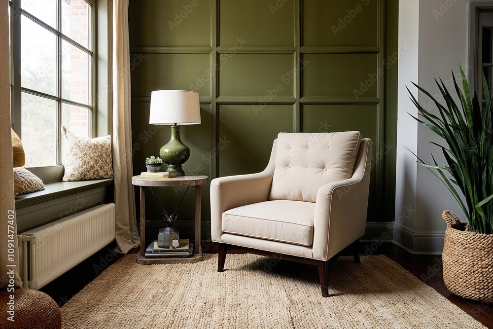 Fototapeta premium Beige Armchair with Olive Green Accent Wall in Cozy Stylish Den Decor