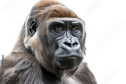 A close-up view of a gorilla's face, looking directly at the camera photo