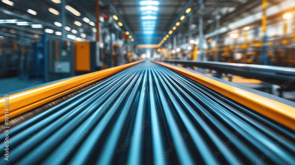 Fototapeta premium Factory conveyor, blurred motion, industrial setting, parallel lines, vibrant colors, dynamic perspective, modern manufacturing.