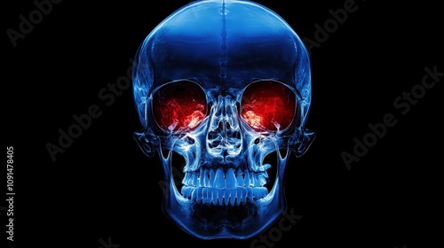 Radiant Skull Glowing Eyes, a vivid blue skull with fiery red eye sockets against dark backdrop, evokes eerie complexity.