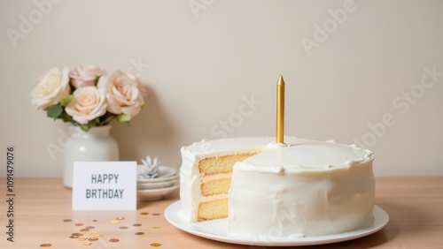 Festive Birthday Celebration with a Creamy Cake Decorated with Golden Candle and Surrounded by Beautiful Flowers on a Wooden Table photo