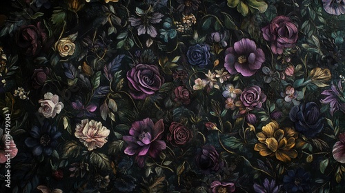 A dark floral wallpaper featuring various colorful flowers and lush foliage.