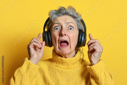 A senior citizen wearing headphones, looking shocked or startled
