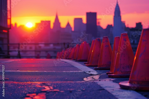 A row of traffic cones sitting on the roadside, often used for directing traffic or marking hazards photo