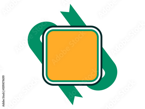 Abstract yellow squares shape with green ribbon flat badge shape.