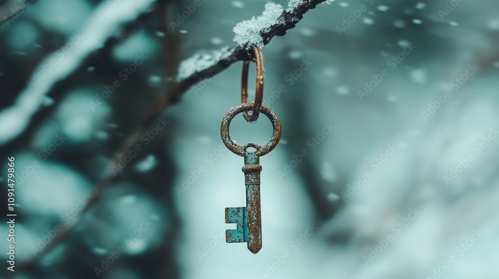 Fototapeta premium Rusty key dangles from a branch in a serene winter wonderland scene illuminated by gentle snowfall