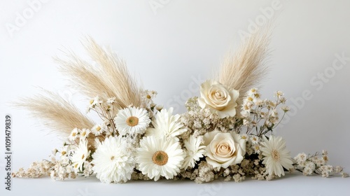 A floral arrangement featuring white roses, daisies, and pampas grass for decoration.