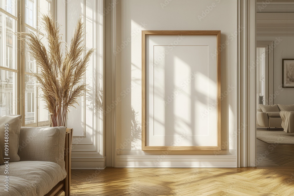 Fototapeta premium Cozy living room with framed art and sunlight.