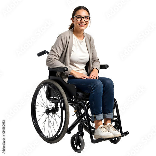 A smiling woman sitting in wheelchair isolated on transparent png background