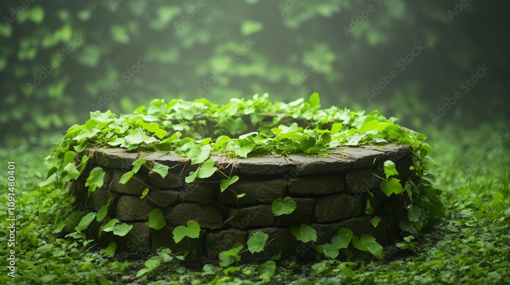 Obraz premium Ancient stone well surrounded by lush green ivy in a misty forest during twilight