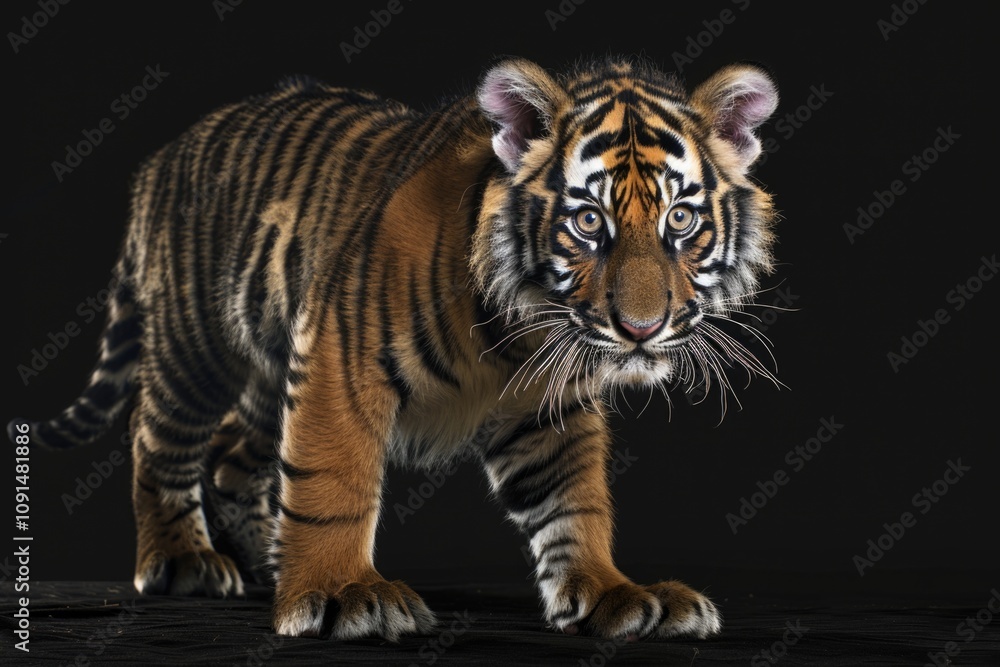 Obraz premium Close-up of a tiger's face on a dark surface, looking directly at the camera