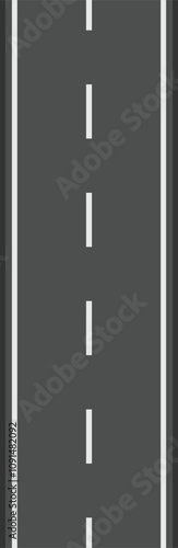 Vertical view of a straight asphalt road disappearing into the distance, featuring white lane markings and a dark gray surface, suggesting a journey or travel concept