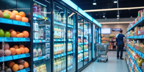 Modern Grocery Store Aisle Featuring Smart Refrigeration Shelves with Fresh Produce and Assorted Beverages in an Attractive Retail Environment