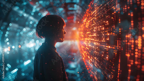 Digital Dreamscape: Woman Gazes at Abstract, Glowing Data Stream in Futuristic, Bokeh-filled Setting